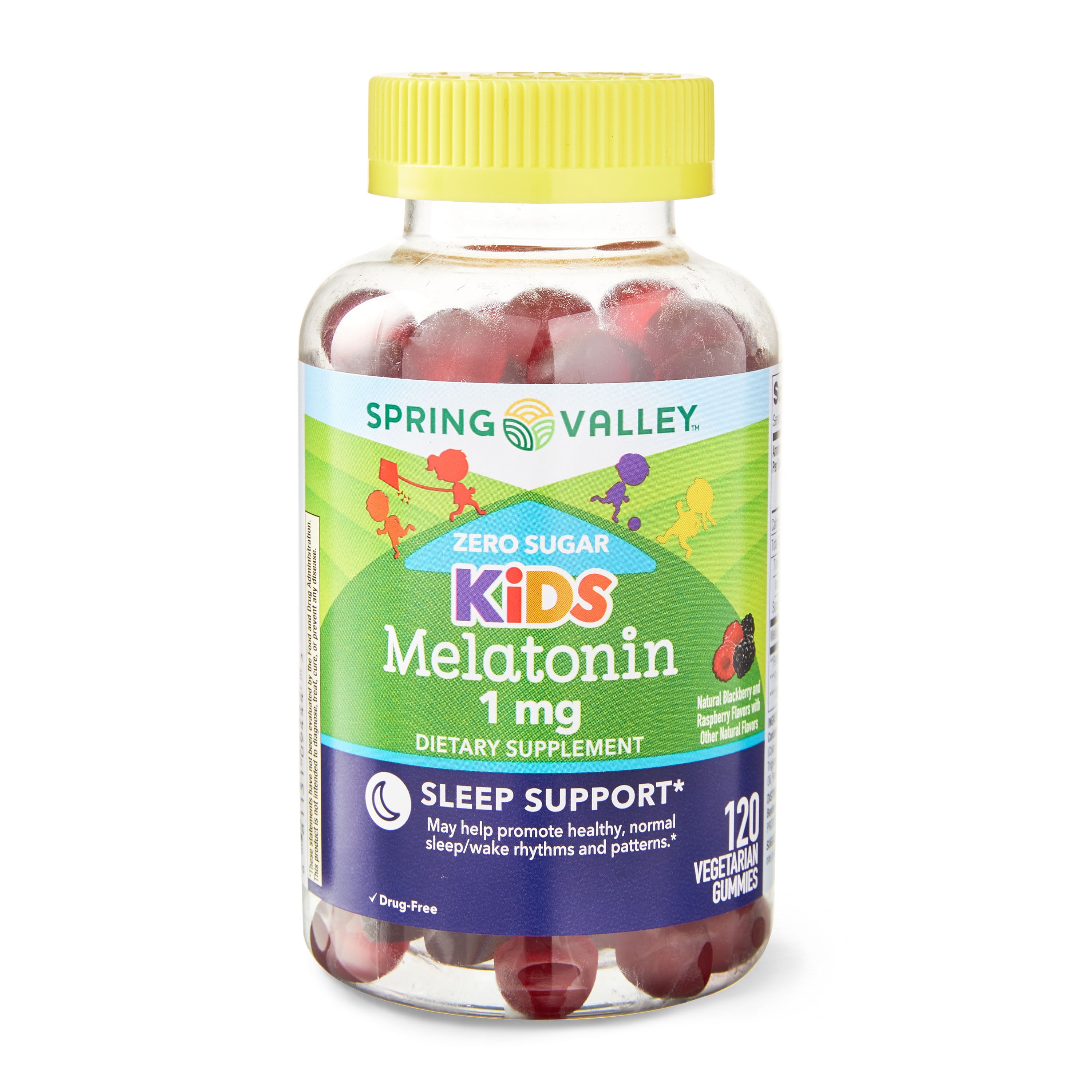 Spring Valley Zero Sugar Kids Melatonin Sleep Support Dietary Supplement  Gummies, Raspberry and Blackberry, 1 mg, 120 Count 
