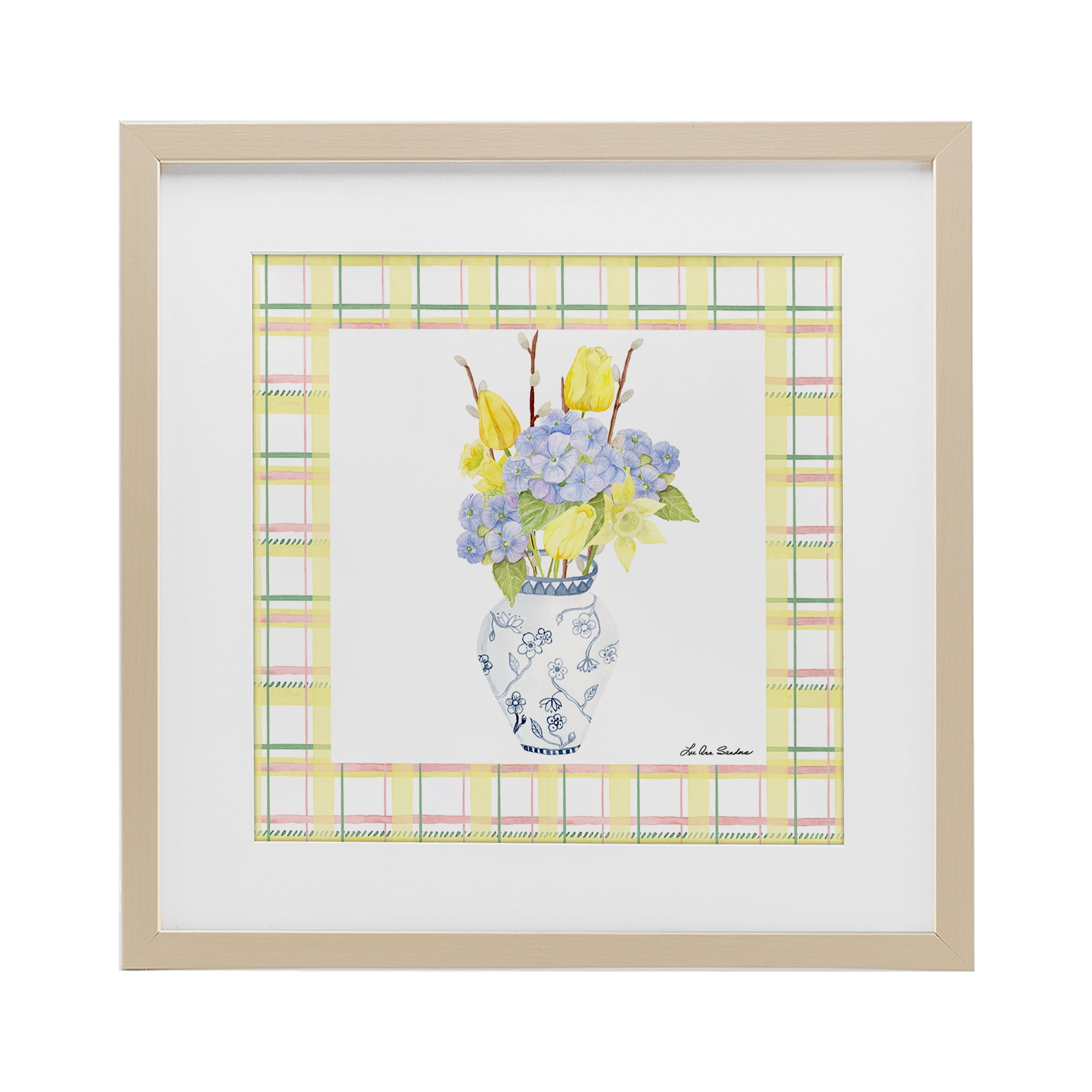 Spring Vase on Yellow Plaid Birch Framed Print Under Glass, design by Lee Ann Sanders
