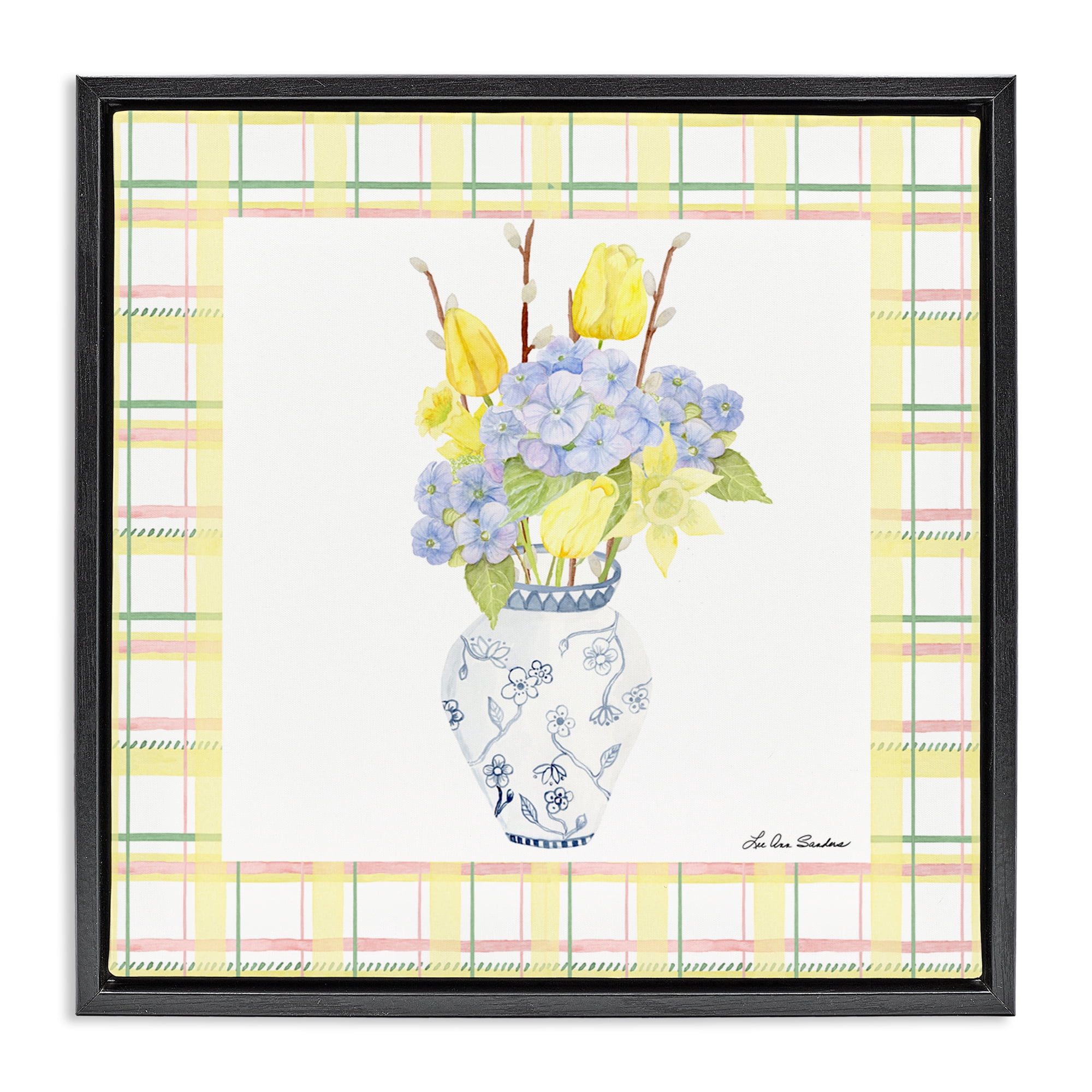 Spring Vase on Yellow Plaid Black Framed Floater Canvas Wall Art, design by Lee Ann Sanders