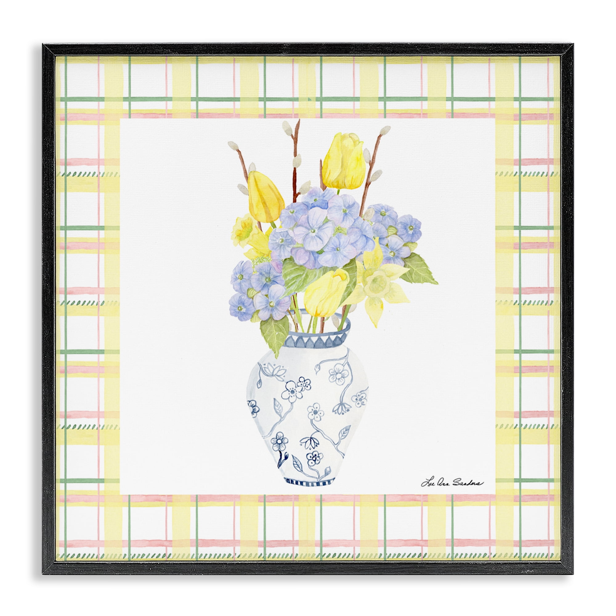 Spring Vase on Yellow Plaid Black Framed Giclee Art, design by Lee Ann Sanders
