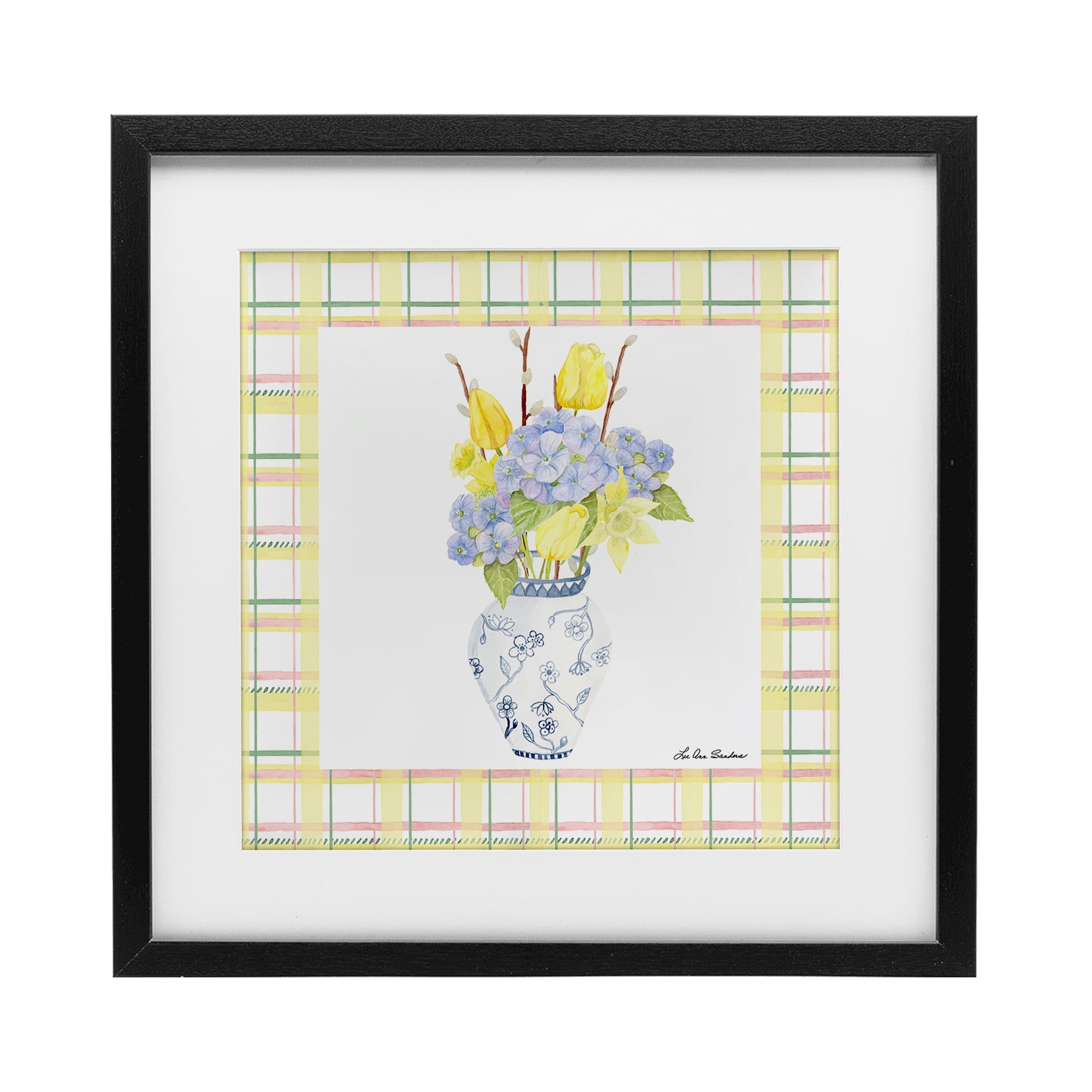 Spring Vase on Yellow Plaid Black Framed Print Under Glass, design by Lee Ann Sanders
