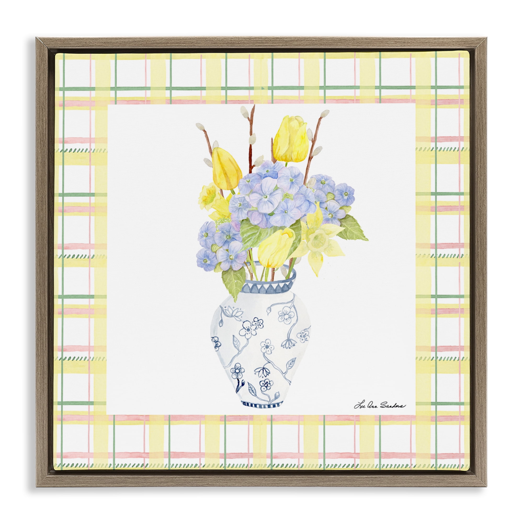 Spring Vase on Yellow Plaid Brown Framed Floater Canvas Wall Art, design by Lee Ann Sanders