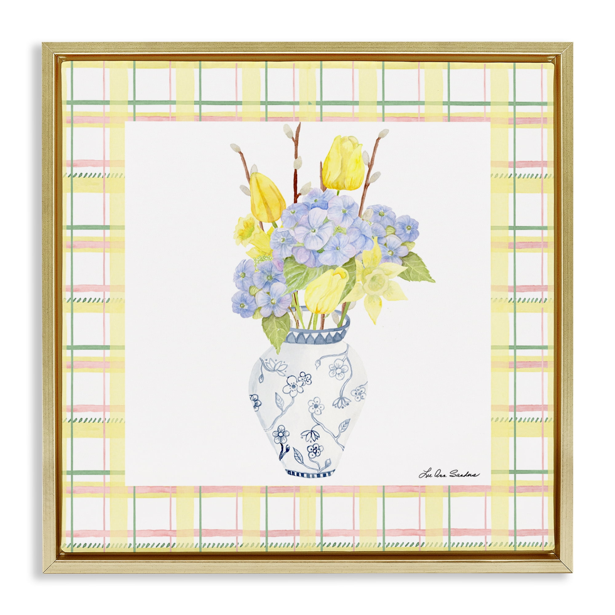 Spring Vase on Yellow Plaid Gold Framed Floater Canvas Wall Art, design by Lee Ann Sanders