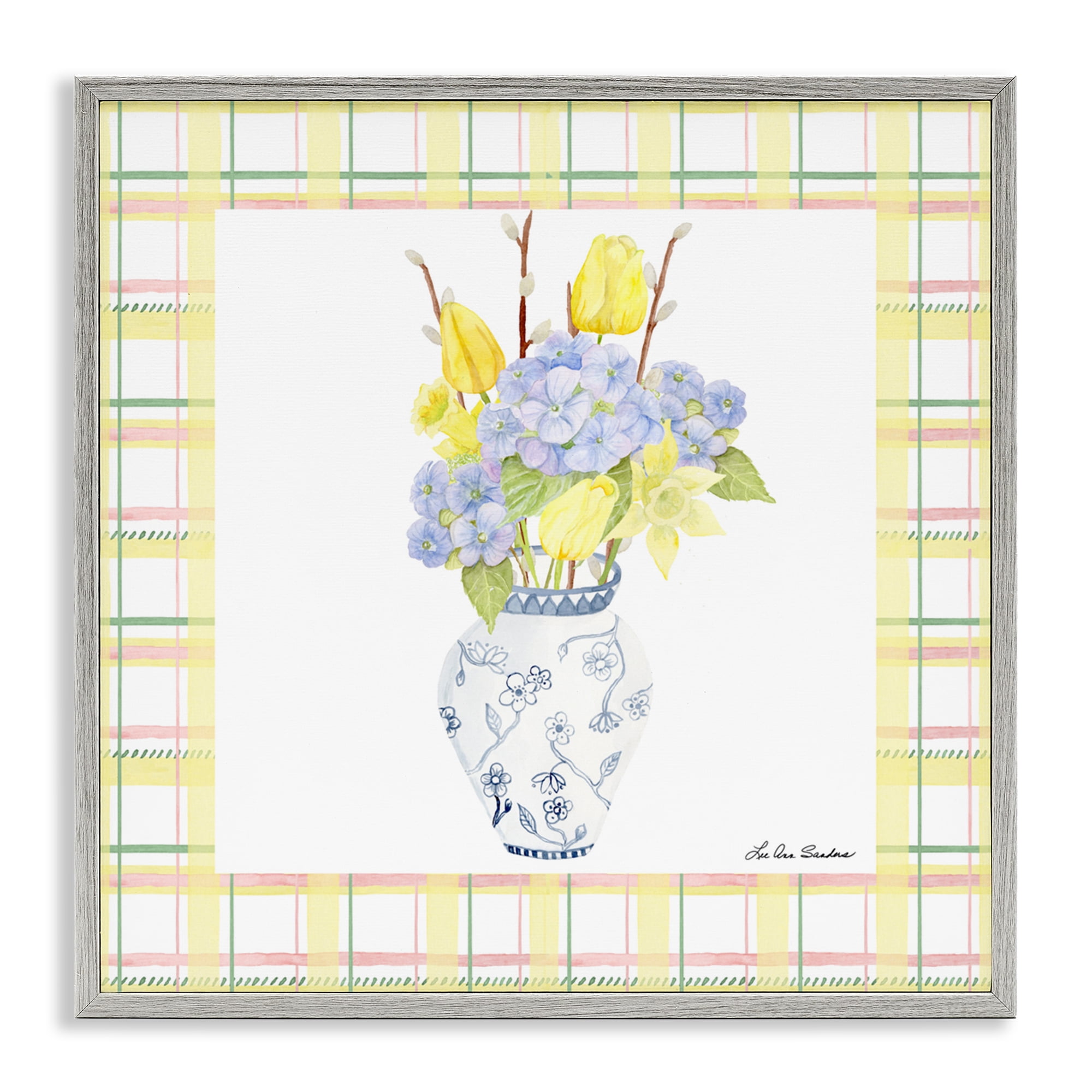 Spring Vase on Yellow Plaid Gray Framed Giclee Art, design by Lee Ann Sanders