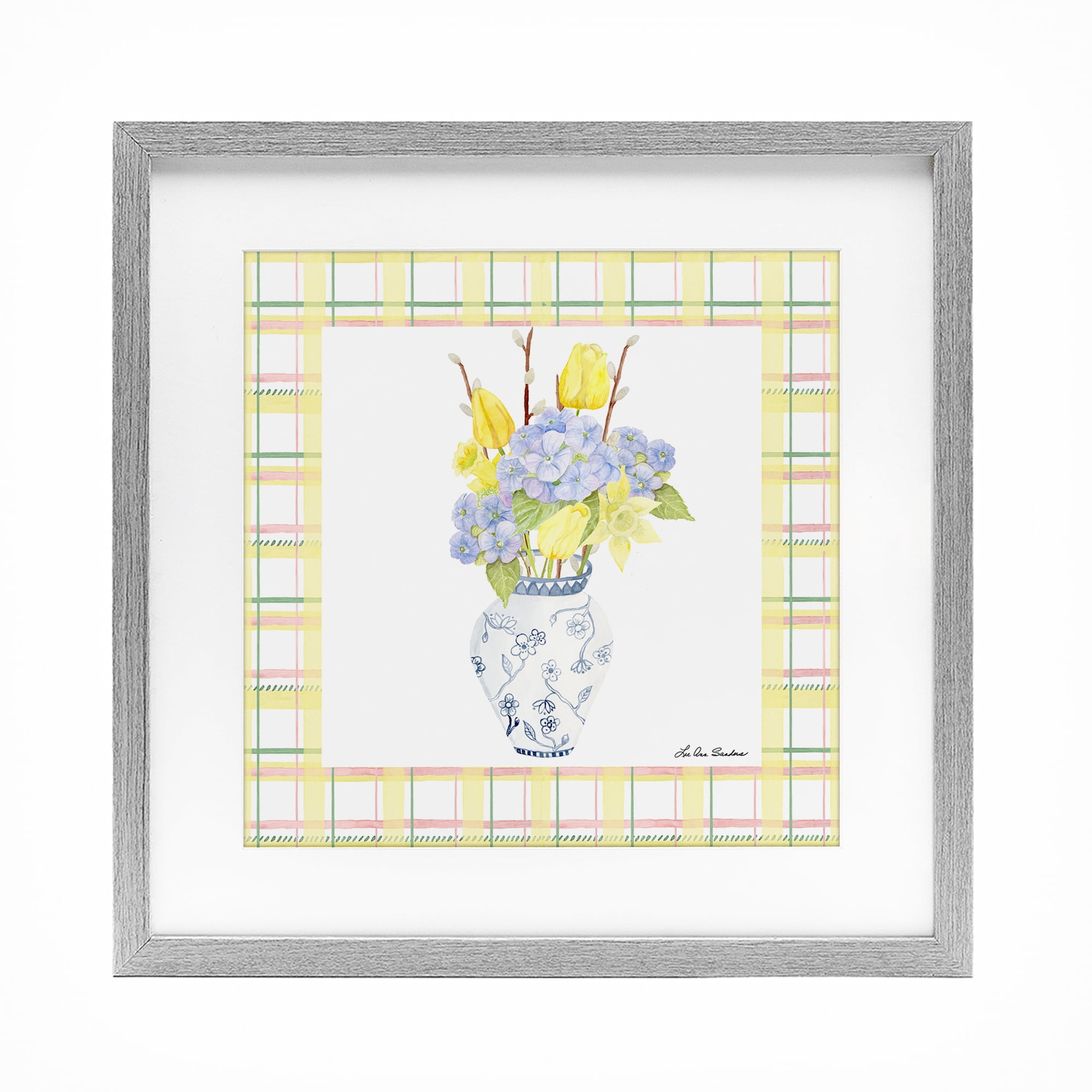 Spring Vase on Yellow Plaid Gray Framed Print Under Glass, design by Lee Ann Sanders