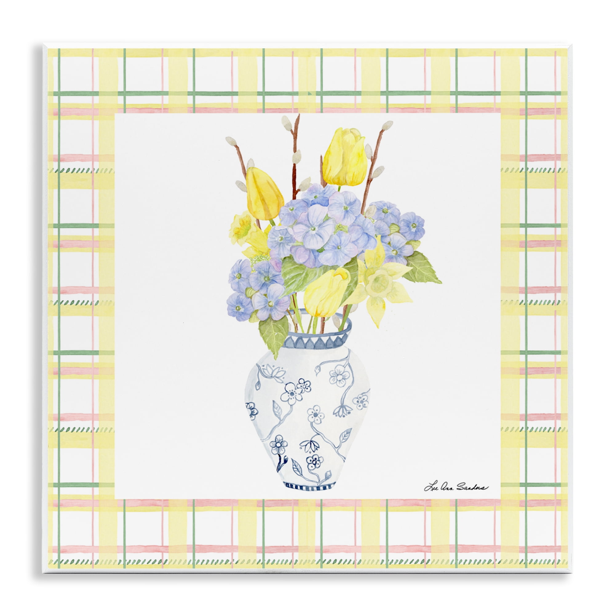 Spring Vase on Yellow Plaid Wall Plaque Art, design by Lee Ann Sanders