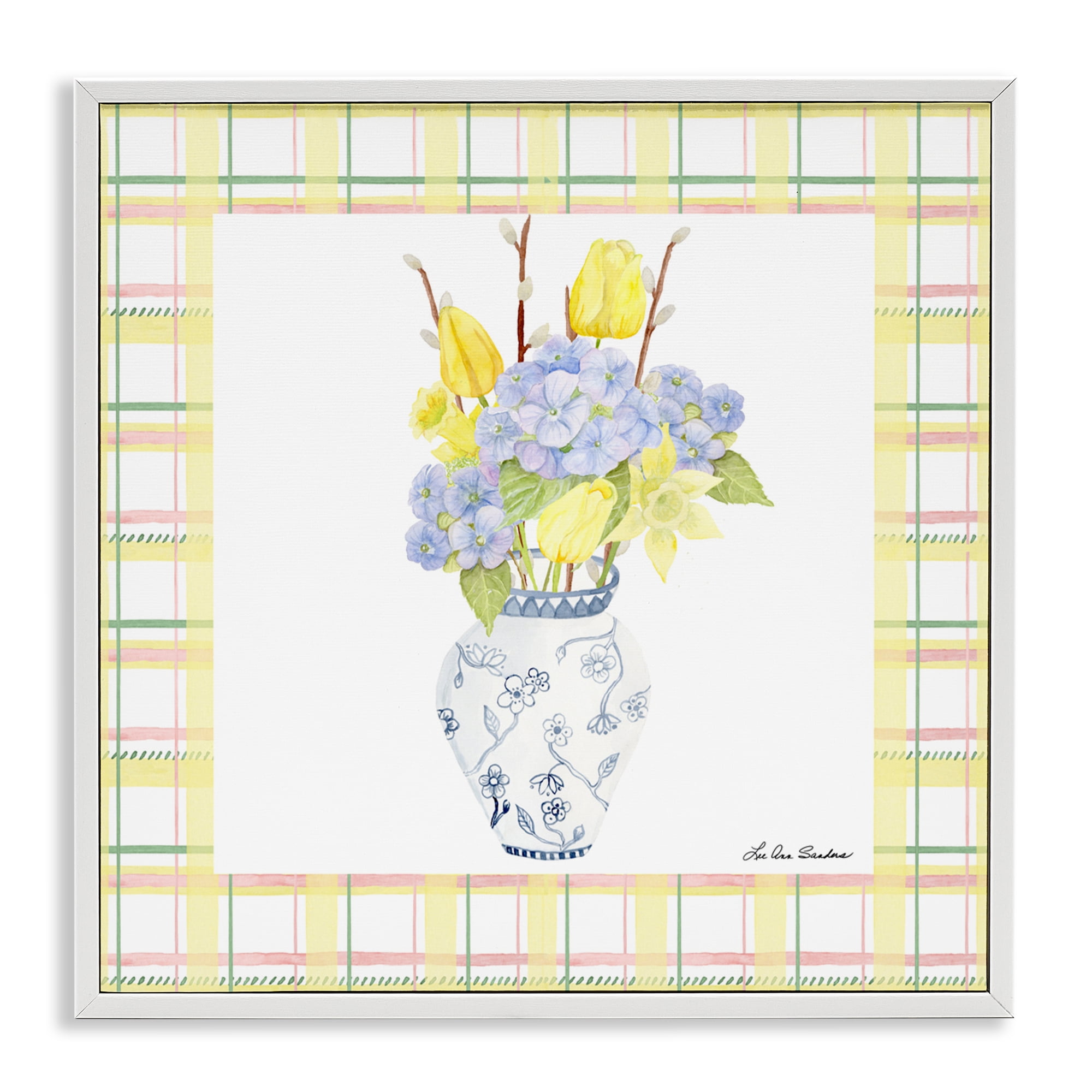 Spring Vase on Yellow Plaid White Framed Giclee Art, design by Lee Ann Sanders