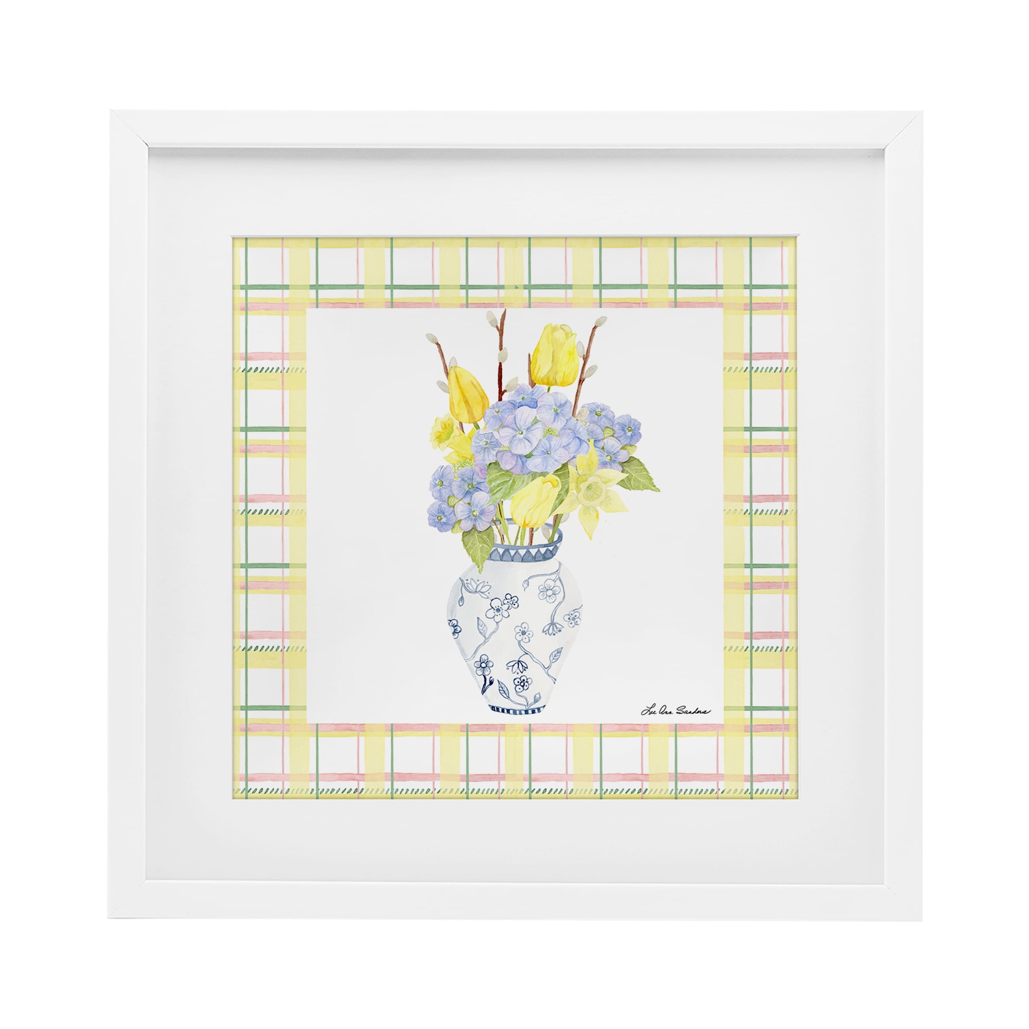 Spring Vase on Yellow Plaid White Framed Print Under Glass, design by Lee Ann Sanders