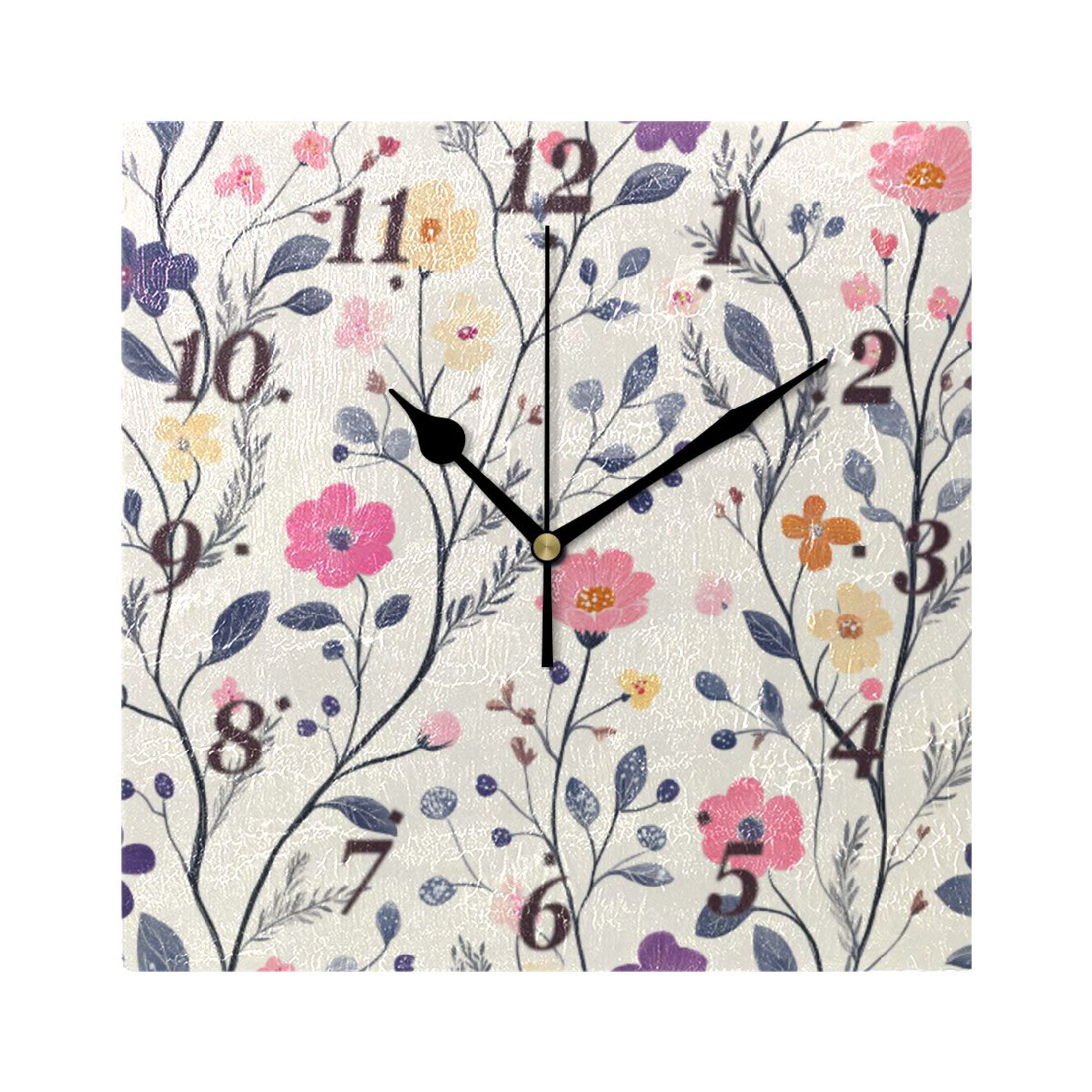 Square Clock Frame Spring Vibrant Flowers Wall Clock Square Clock Decoration Creative ...