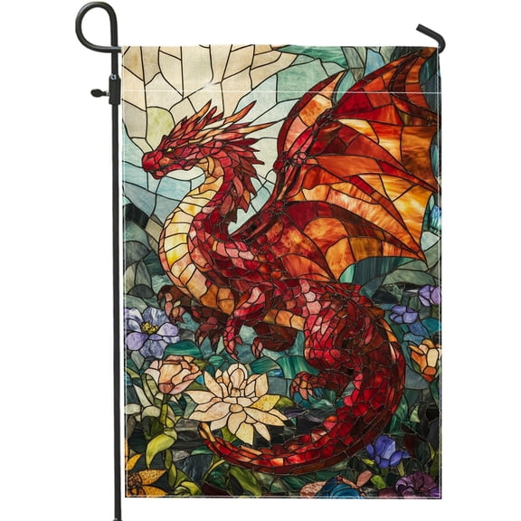 Spring Victorian Red Dragon Garden Flag, Stained Glass Mythical Creature Outdoor Decor, Double Sided Fantasy Floral Yard Patio Flag, 12 x 18 Inch