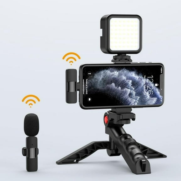 Spring Video Kit with Wireless Microphone for Phone, 1 Set Professional Video Vlogging Kit with LED Light, Livestream Equipment, Phone Holder Tripod Stand for Laptop, Tablet, Camera Gimbal Stabilizer