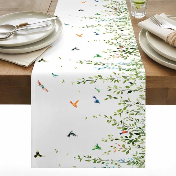 Spring Vine Cotton Linen Table Runner Plant Leaf Nature Bird Country Style Dining Table Runners for Home Decor Party Dining Room Restaurant Kitchen 13" x 48"