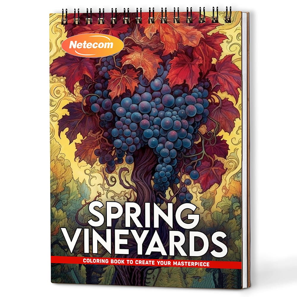 Spring Vineyards Coloring Book Spiral Bound For Adults, A5 Wooden Cover, 30 Refreshing Coloring Pages of vineyards flourishing for Stress Relief and Relaxation