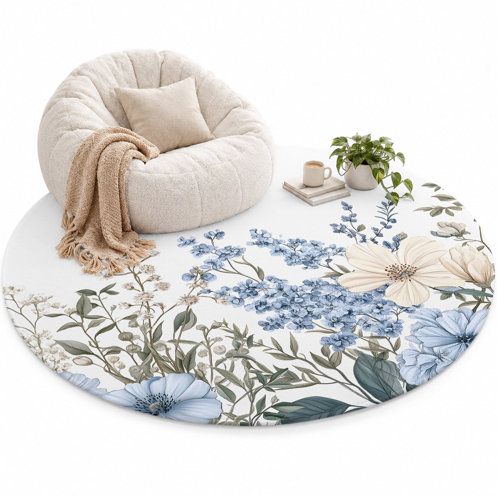 Spring Vintage Area Rug 6', Blue Flowers Grey Leaves Soft Mat Non-Slip ...
