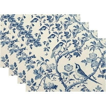 Spring Vintage Bird Flower Placemats Set of 4,12x18 Inch Navy Blue Chinoiserie Linen Place Mat Table Mats for Seasonal Farmhouse Kitchen Party Home Decor