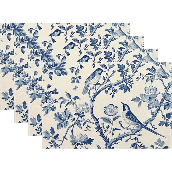 Spring Vintage Bird Flower Placemats Set of 4,12x18 Inch Navy Blue Chinoiserie Linen Place Mat Table Mats for Seasonal Farmhouse Kitchen Party Home Decor