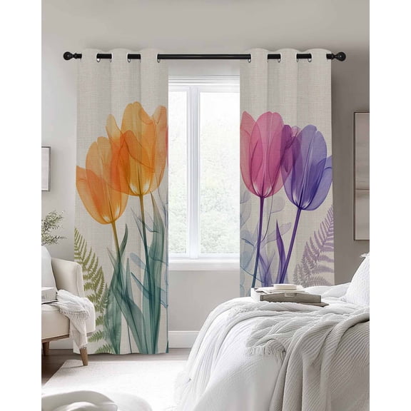 Spring Vintage Blackout Curtains 2 Panels Colorful X-ray Tulips Flower Ferns Leaf Thermal Insulated Grommet Window Curtains for Bedroom Living Room 27.5"x39"