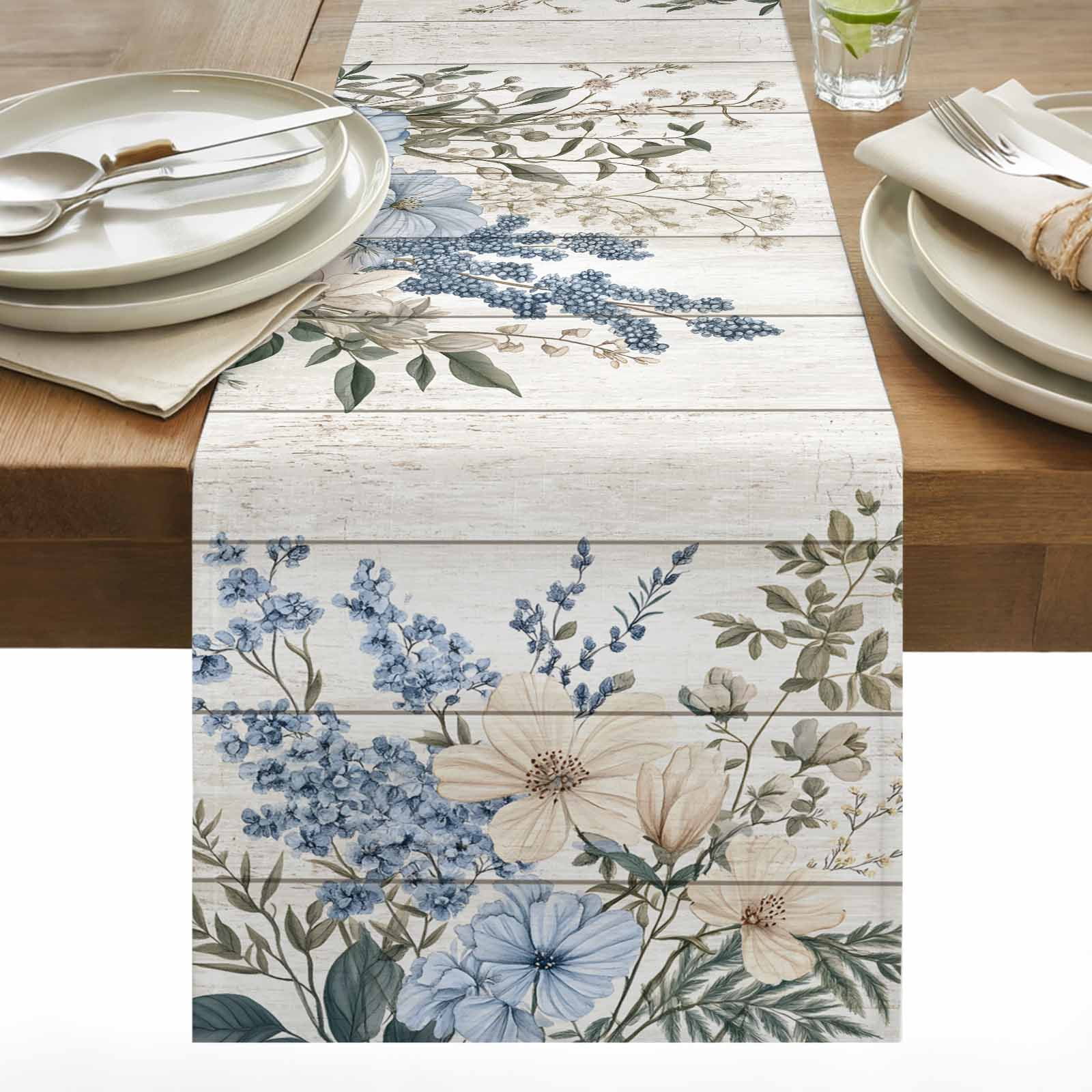 Spring Vintage Cotton Linen Table Runner Blue Flowers Grey Leaves Wood ...