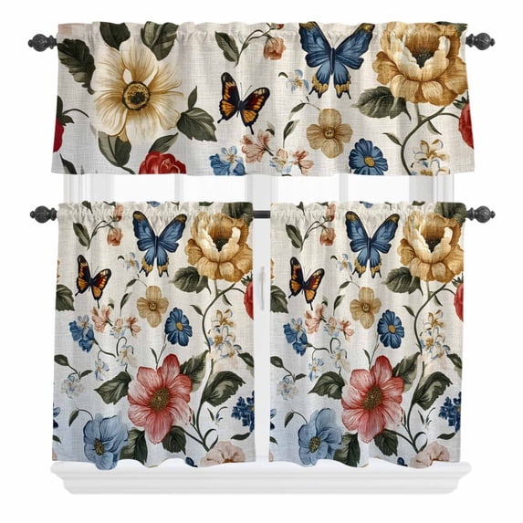 Spring Vintage Curtain Valances Set Red Blue Beige Flower Butterfly Oil Painting Kitchen Curtains 24 inch Length Rod Pocket Valance and Tiers 3 Piece Set Small Bedroom Bathroom Laundry Decor