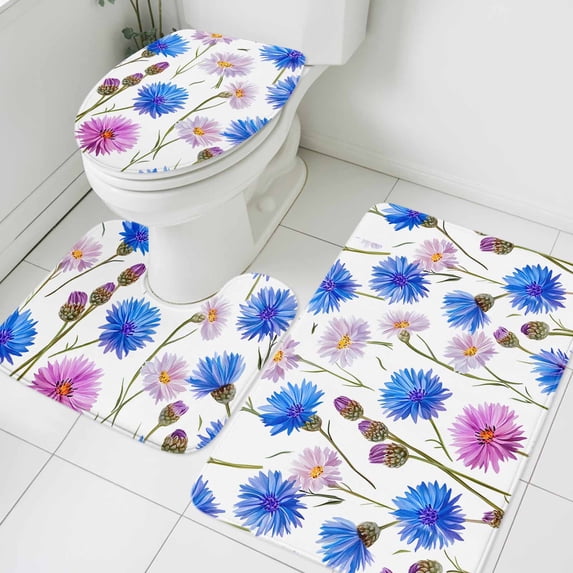 Spring Vintage Flowers Bathroom Rugs Set Blue Pink Daisy Watercolor Non Slip Absorbent Soft Bath Mats 3 Piece Set with Bathroom Rug, U-Shaped Floor Mat, Toilet Seat Cover Large Size
