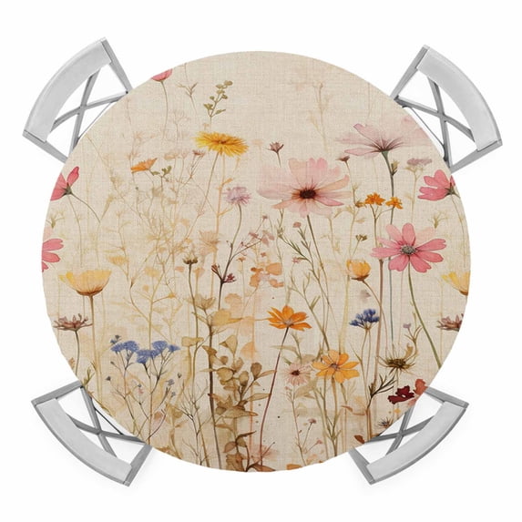Spring Vintage Flowers Elastic Fitted Round Table Cover Watercolor Plants Waterproof Outdoor Tablecloth for Holiday Party, Picnic, Patio & Dining Fits Tables Up to 36"-44"