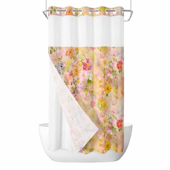 Spring Vintage No Hooks Shower Curtain with Snap-in Liner Watercolor Yellow Flowers Oil Painting Shower Curtains for Bathroom, Waterproof, Easy Install, Washable 36"x78"