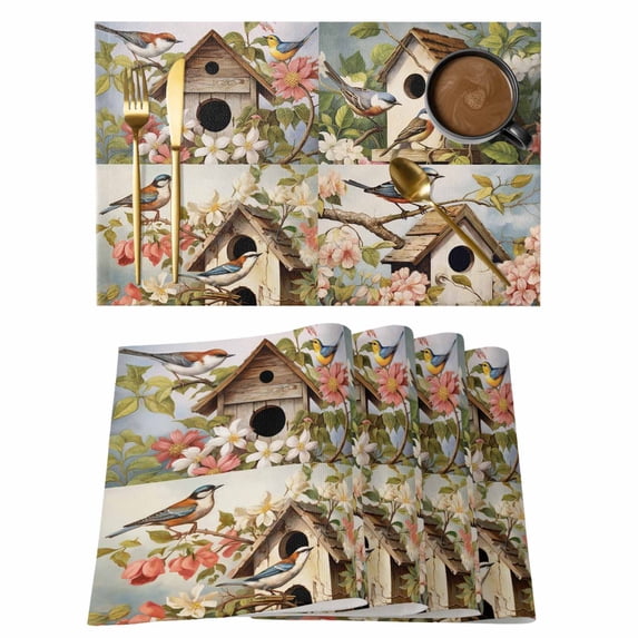 Spring Vintage Placemats Set of 4, Birdhouse Birds and Flowers Non-Slip Place Mats Washable Table Mats for Kitchen Dining Table Decorations Indoor/Outdoor