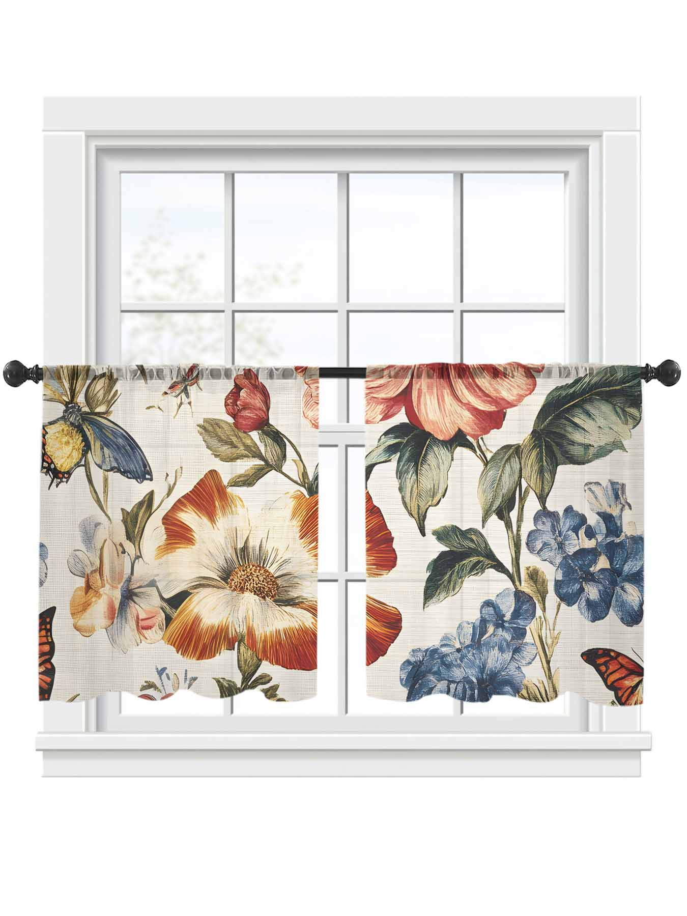 Spring Vintage Sheer Curtains 2 Panels Set Red Blue Flower Butterfly ...