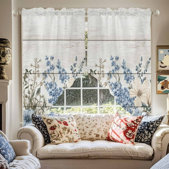 Spring Vintage Swag Curtain Valance for Windows, Blue Flowers Grey Leaves Wood Grain Window Treatments Short Swag Topper for Kitchen Windows Bathroom Bedroom, 28"x36"
