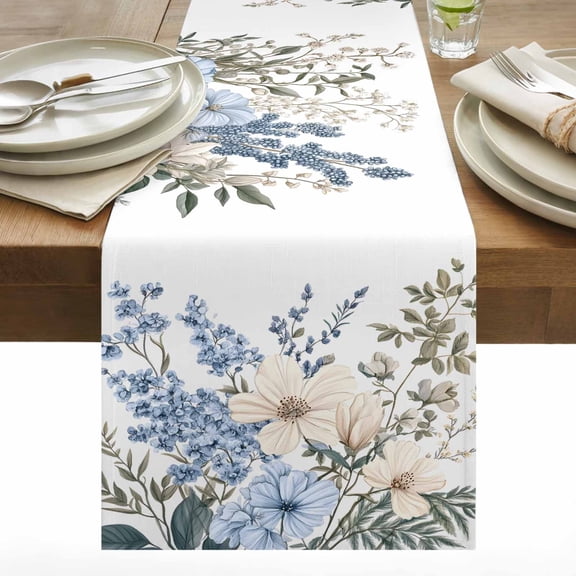 Spring Vintage Table Runner 13x36 inch Blue Flowers Grey Leaves Cotton Linen Dining Table Runner Ideal for Dresser Kitchen Coffee Tables - Machine Washable