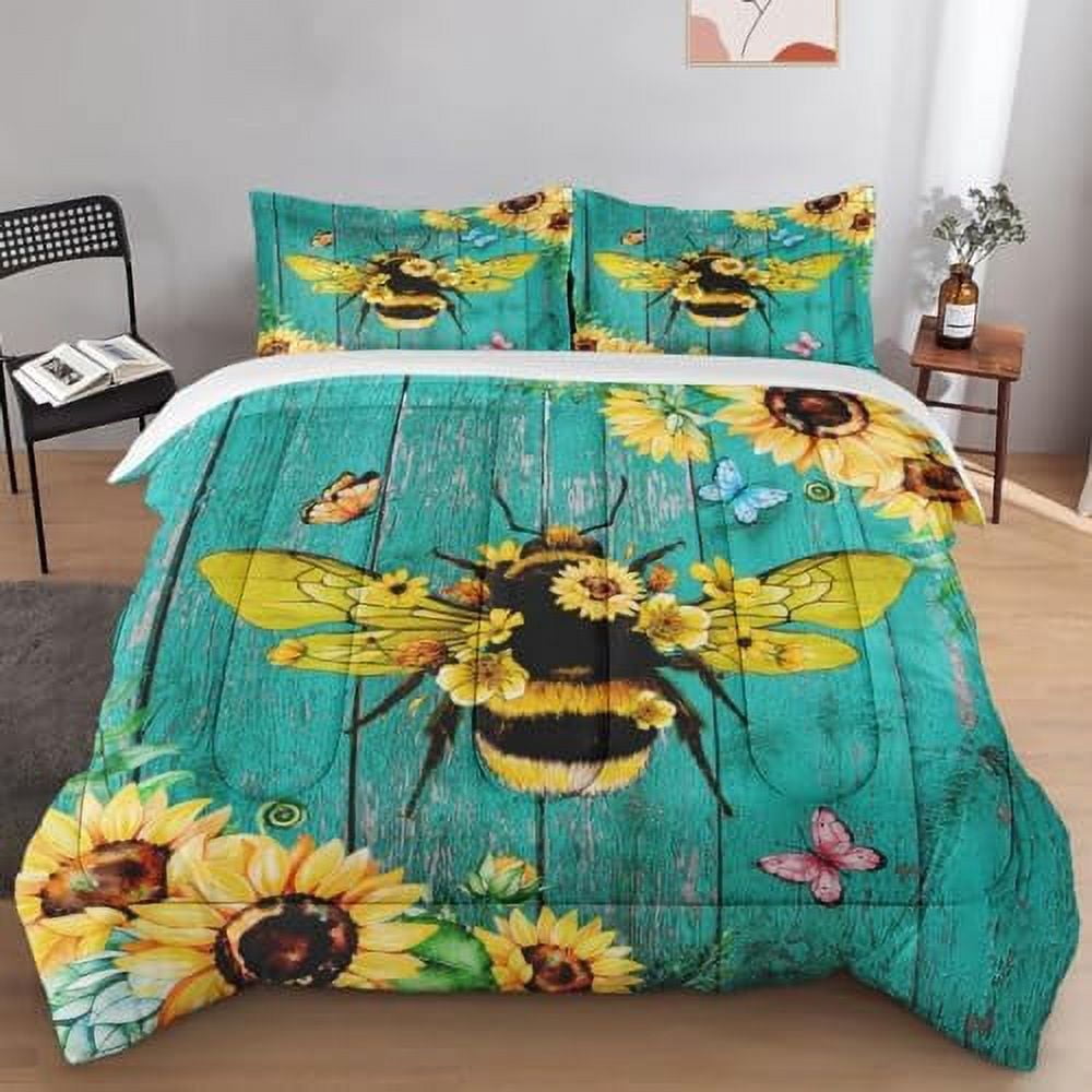 Spring Vintage Yellow Flower Comforter Set Full Size Bees Honey Cute Soft Bedding Set with 2
