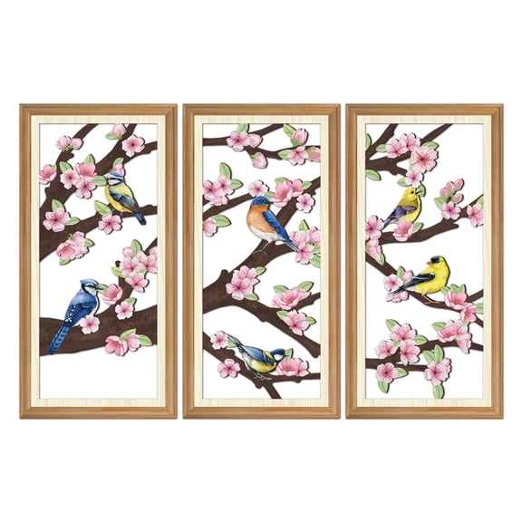TOARTi Spring Peach Blossoms Wood Cut Out Wall Art Framed Birds on Trees Sculpture Floral Bloom Decor Set of 3 for Living Room Bedroom Farmhouse 8x16 Inch