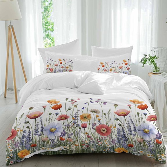 Spring Watercolor 4 Piece Duvet Cover Set Queen Size Red Flower Wildflower Lavender Leaf Soft Bedding Set Comforter Cover, 1 Duvet Cover 1 Flat Sheets and 2 Pillowcases