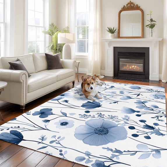 Spring Watercolor Area Rugs 5x7 ft Grey Blue Flower Leaves Floral Washable Rug Non Slip Indoor Carpet Absorbent Floor Mat for Living Room Bedroom Dining Room
