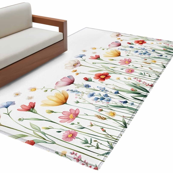 Spring Watercolor Area&nbsp;Rug 2.7x5ft Wildflower Flower Leaf Botanical Non-Slip&nbsp;Washable Square&nbsp;Rugs Soft Felt Indoor Floor Mat for Bedroom Kitchen Living Room Bathroom