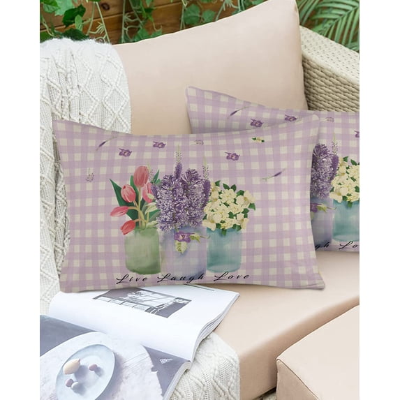 Spring Watercolor Blossom Flower Outdoor Pillow Covers Set of 2,Decorative Waterproof Throw Pillow Case,Purple Checker Lattice on Linen Cotton Linen Soft Cozy Cushion Pillowcases