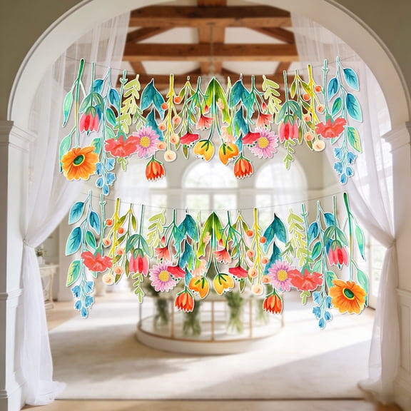 Spring Watercolor Floral Hanging Banner Decor - Romantic Flower Garland for Birthday Wedding Garden Party