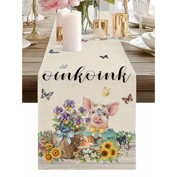 Spring Watercolor Flower Farm Pig Table Runner-36 Inch Long Garden Animal on Linen Table Runners Linen Burlap Tablerunner for Kitchen Dining Room Holiday Party