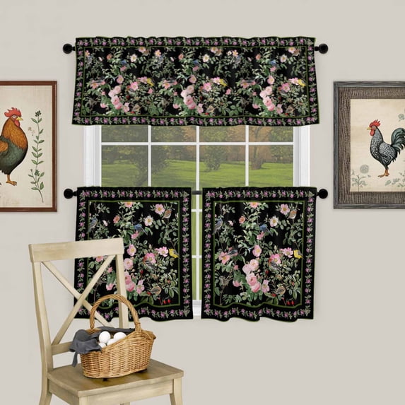 Spring Watercolor Flower Leaf on Black Curtain Tier and Valance Set 3 Piece, Ethnic Retro Floral Art 3-inch Rod Pocket Window Tier Curtains Valance for Kitchen Living Room