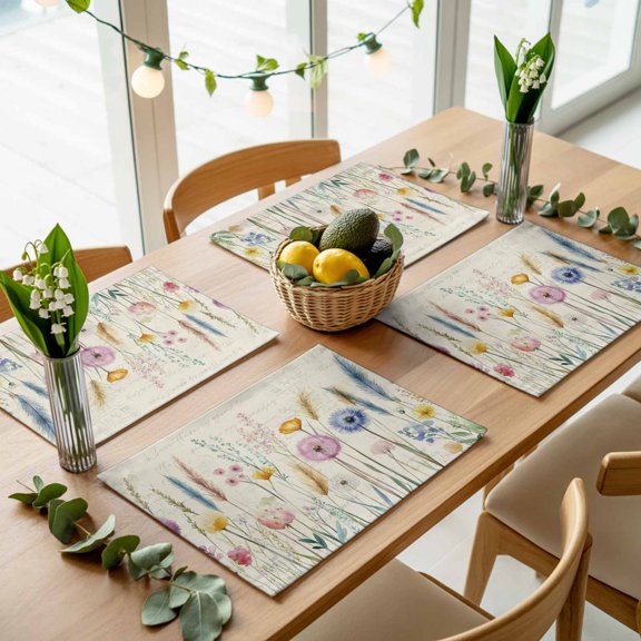 Spring Watercolor Flowers Placemats Set of 4,Wipeable Washable Table Mats for Dining Tables, Retro Beige Postcard Texture Place Mats for Kitchen Event Party Tabletop Decor