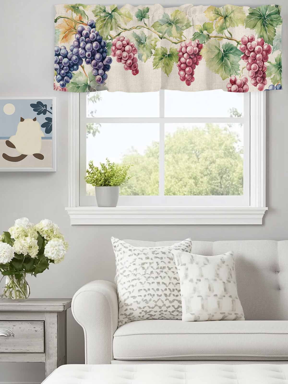 Spring Watercolor Grape Leaves Valances for Windows,Rod Pocket Valance for Kitchen Bedroom Bathroom Living Room, Country Vine Retro Linen Window Valance Curtain Short Curtains 60x18in