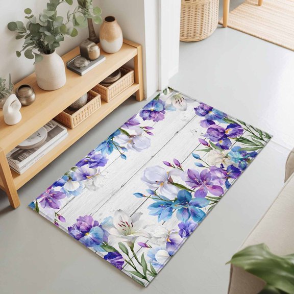 Spring Watercolor Iris Lily Flower Rectangle Rug 2'x3' Floral on Farm Wood Grain Washable Area Rugs for Living Room Bedroom Entryway Non Slip Entrance Door Mat Indoor Floor Carpet