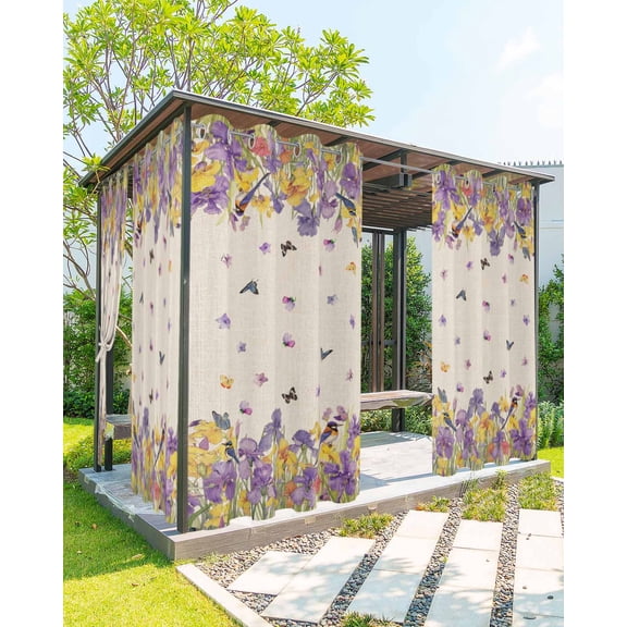 Spring Watercolor Outdoor Curtains for Patio, Purple Iris with Butterfly Beige Waterproof Weatherproof Outside Privacy Curtains Outdoor Drapes for Porch Pergola Gazebo 54x95 Inch, 2 Panel
