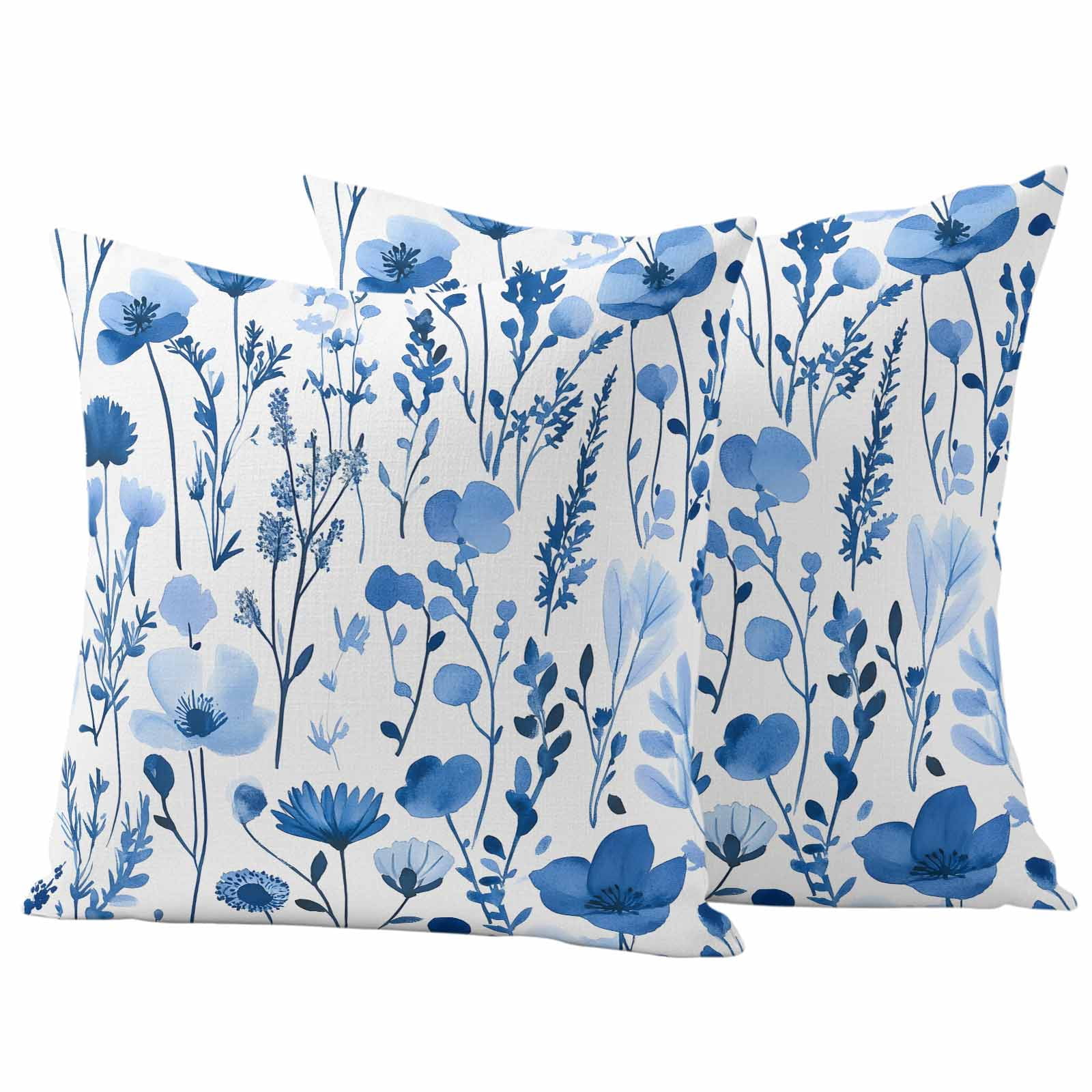 Spring Watercolor Pillow Covers 2 Pack Blue Flower Leaves Floral Pillowcase Waterproof Outdoor Throw Pillow Cover for Patio Garden Square Cushion 20”x20”
