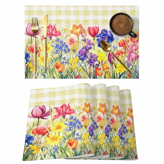Spring Watercolor Placemats Set of 1, Tulip Flowers Yellow Plaid Non-Slip Place Mats Washable Table Mats for Kitchen Dining Table Decorations Indoor/Outdoor