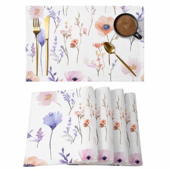 Spring Watercolor Placemats Set of 1, Wildflower Pink Purple Flowers Non-Slip Place Mats Washable Table Mats for Kitchen Dining Table Decorations Indoor/Outdoor