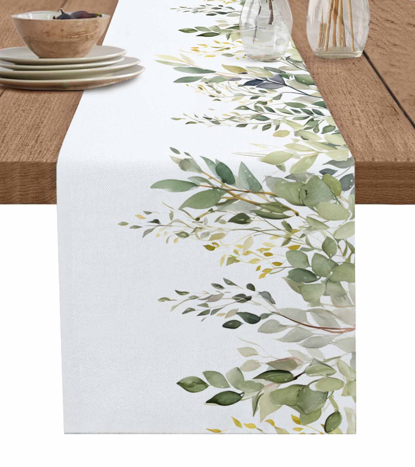 Spring Watercolor Plant Eucalyptus Leaves Table Runner Kitchen Dining ...