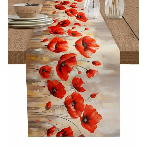 Spring Watercolor Poppy Flower Plant Table Runner Wedding Decor Table Runner Holiday Dining Table Decor Linen Tablecloth