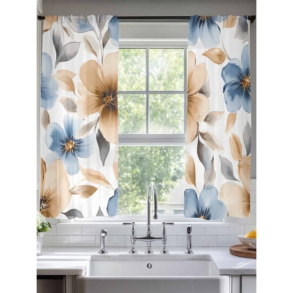 Spring Watercolor Sheer Curtains 63 Inches Long 2 Panels Brown Blue Flower Leaves Garden Scenery Light Filtering Semi Sheer Window Curtains Drapes for Bedroom Living Room 52"x63"