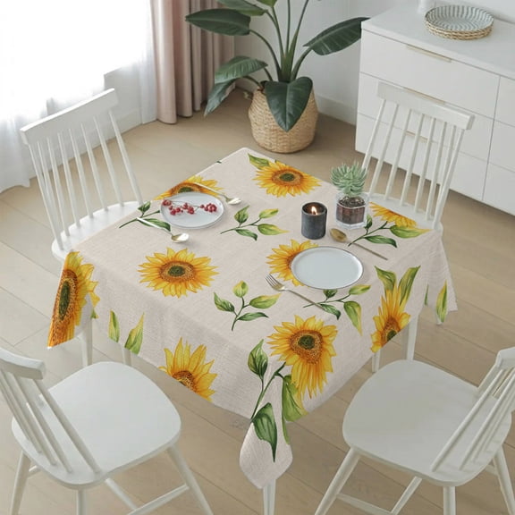 Spring Watercolor Sunflower on Linen Table Cloth 54x54in, Waterproof Square Tablecloth Wipeable Tablecloths Flower Green Leaves Table Covers for Dining Tables Party Indoor Outdoor